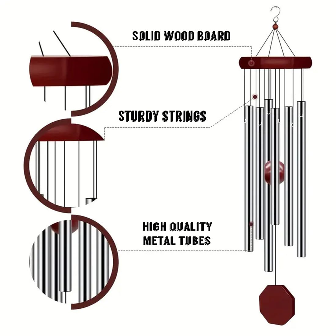 Campanelli a vento con campanelli musicali,Tubi in Alluminio Campane a Vento,Silver Chimes of Mercury Windchime,Sonaglio a Vento Metallo,artigianato con pendolo per uso esterno,per Giardino, Cortile