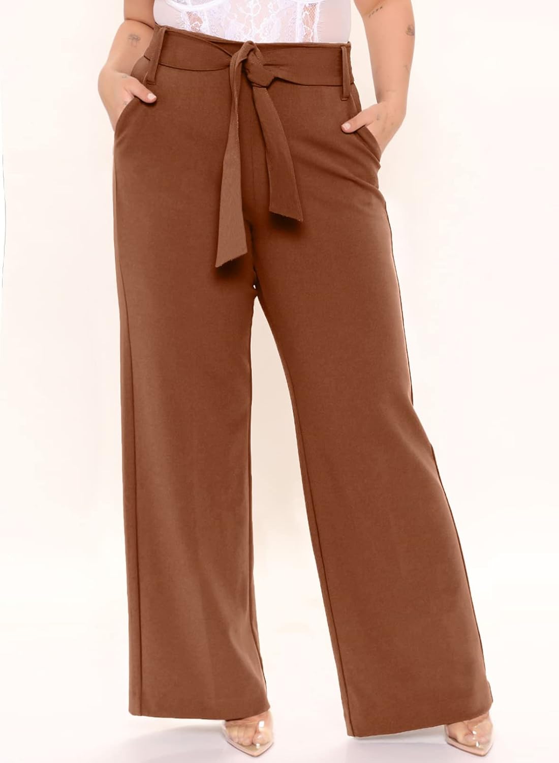 Eytino Womens Plus Size Stretch Dress Pants Comfy Wide Leg Belted Lounge Pants for Office, 1X-5X - Image 2