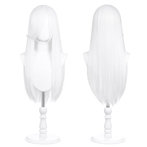 QYZHIZ 60cm Long Straight Cosplay Wig, Customizable Styling (White) | Soft Heat-Resistant Synthetic Hair, 2 Wig Caps Included, For Halloween Comic Con, Universal Anime Character Use - White