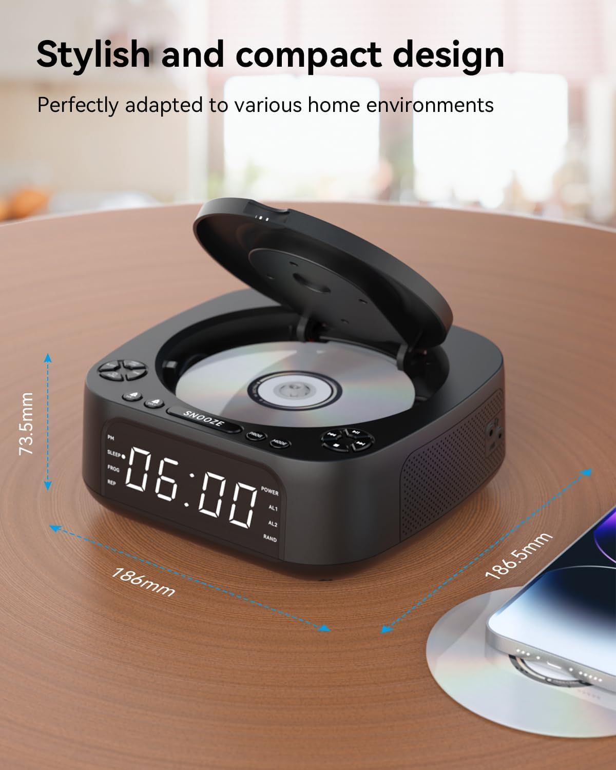 MONODEAL CD Player Tragbar mit Wireless Charger für Telefon, Tragbarer CD Player Bluetooth und FM Radio Für Zuhause, Fernbedienung,Groß Display, Wecker, SleepTimer