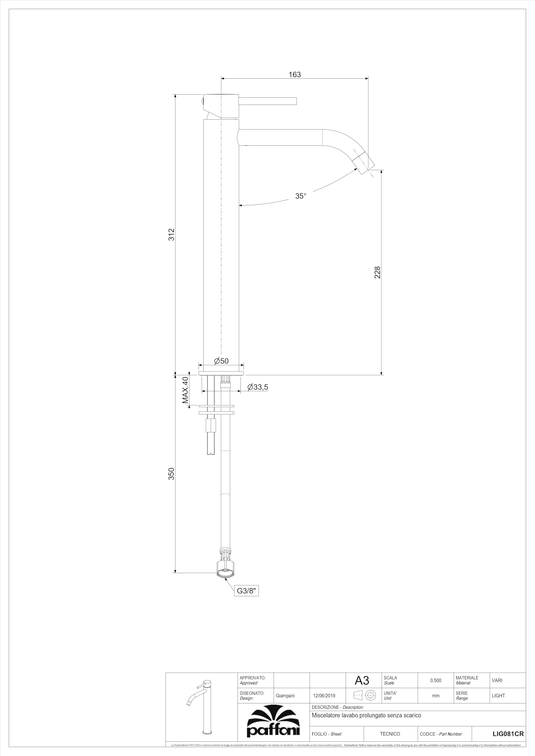 Paffoni LIG081CR Miscelatore Light Fonte, Ottone Cromato | Rubinetto per Lavabo, Prolungato, senza Piletta di Scarico, Design Minimal e Moderno