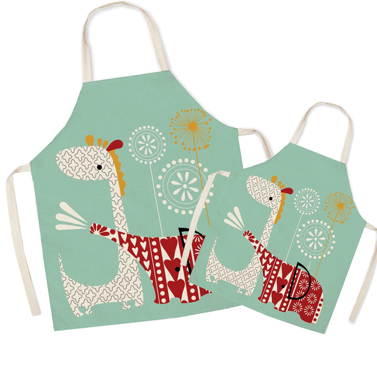 Fomaiself Elephant Linen Parent And Child Apron, Cute And Giraffe Pattern Matching Aprons For Mummy Kids, Apron For Cooking Baking Painting Party