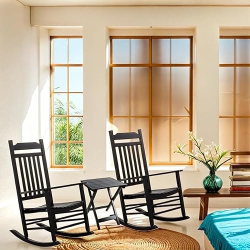 Miniatura 4 de Juego de muebles de madera para adultos de 3 piezas, color negro, con 2 mecedoras y 1 mesa auxiliar al aire libre para patio, salón, balcón