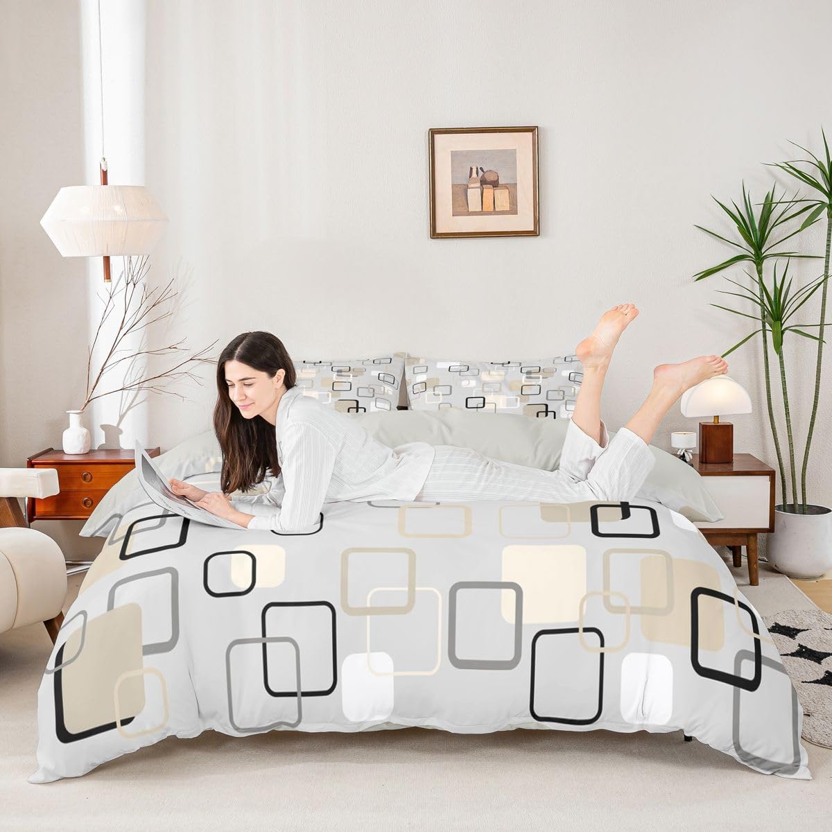 Erosebridal Minimalist Geometric Square Bedding Set Queen Mid-Century Plaid Duvet Cover Neutral Gray Beige Abstract Comforter Cover for Kids Girls Boys Adults Modern Checkered Bed Set