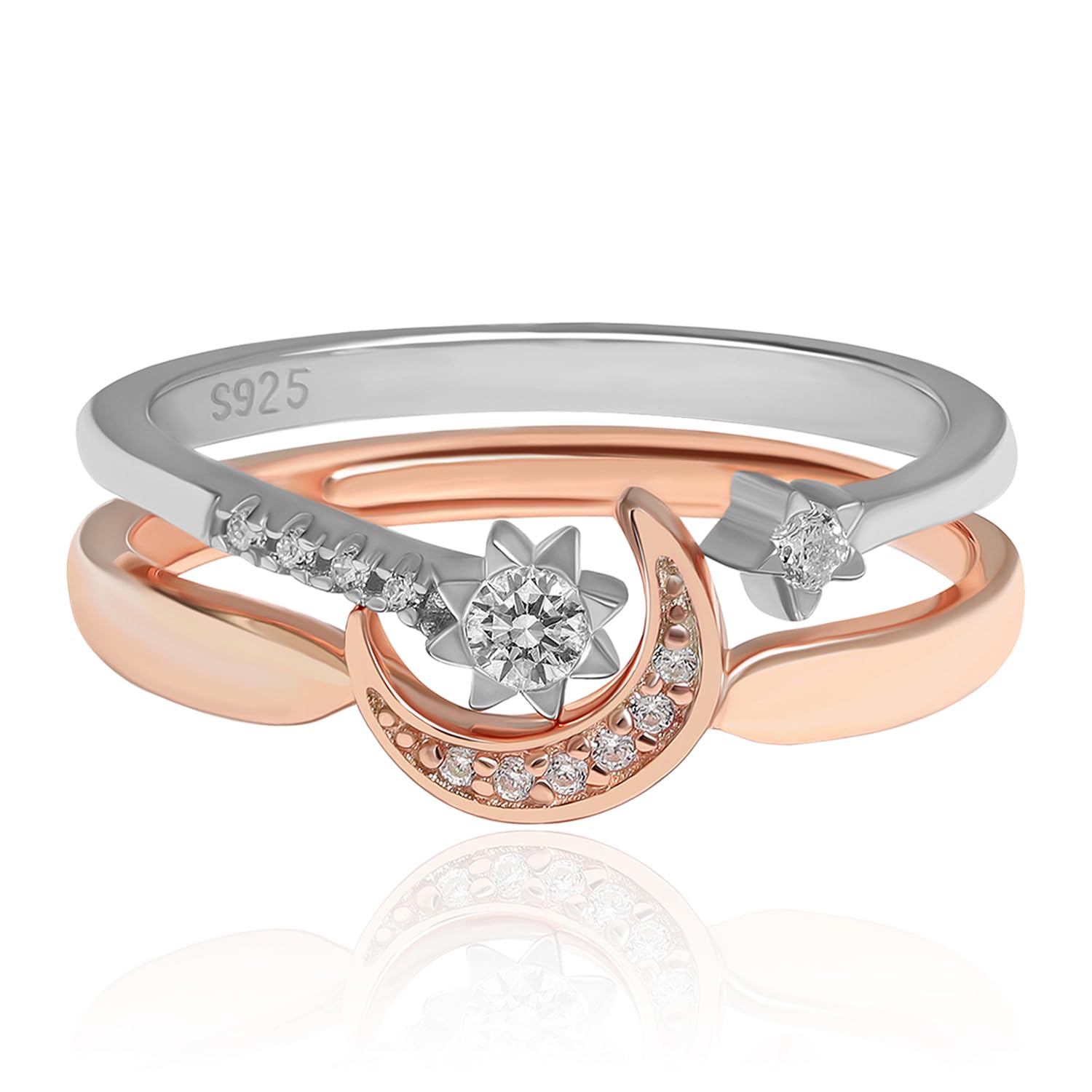 Meissa Meissa Anillo Luna y Estrella Anillo Compromiso Mujer Anillo Oro Apilable Regalo para Mujer Joyería Talla Regulable de 9 a 16,5 (Oro Rosa Lune y Plata Estrella)