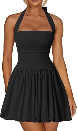Kaximil Women's Sexy Halter Bubble Corset Club Mini Dresses | Bodycon Sleeveless Short Going Out Dress With Built-in Shorts
