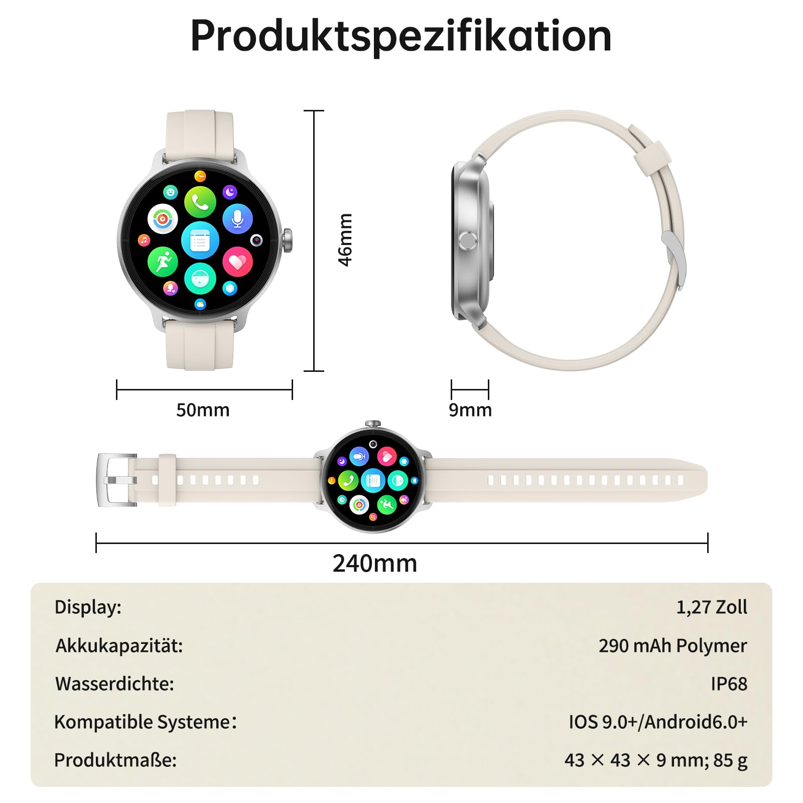 Smartwatch Damen Herren – 1.27" Smart Watch mit Bluetooth Anrufe, WhatsApp/App-Benachrichtigungen, Herzfrequenz, Schlafmonitor, 120+ Sportmodi, IP68 Wasserdicht – Fitnessuhr Kompatibel mit iOS Android