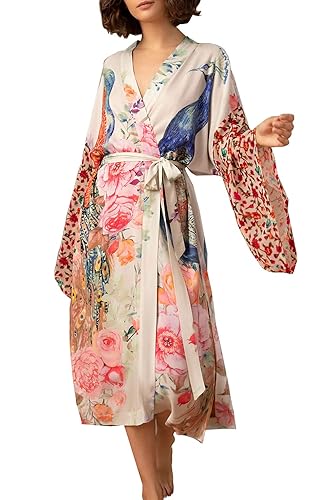 LikeJump Women Kimono Dressing Night Gown Beach Bikini Cover-Ups Summer Robes Cardigan - Rose White - One Size