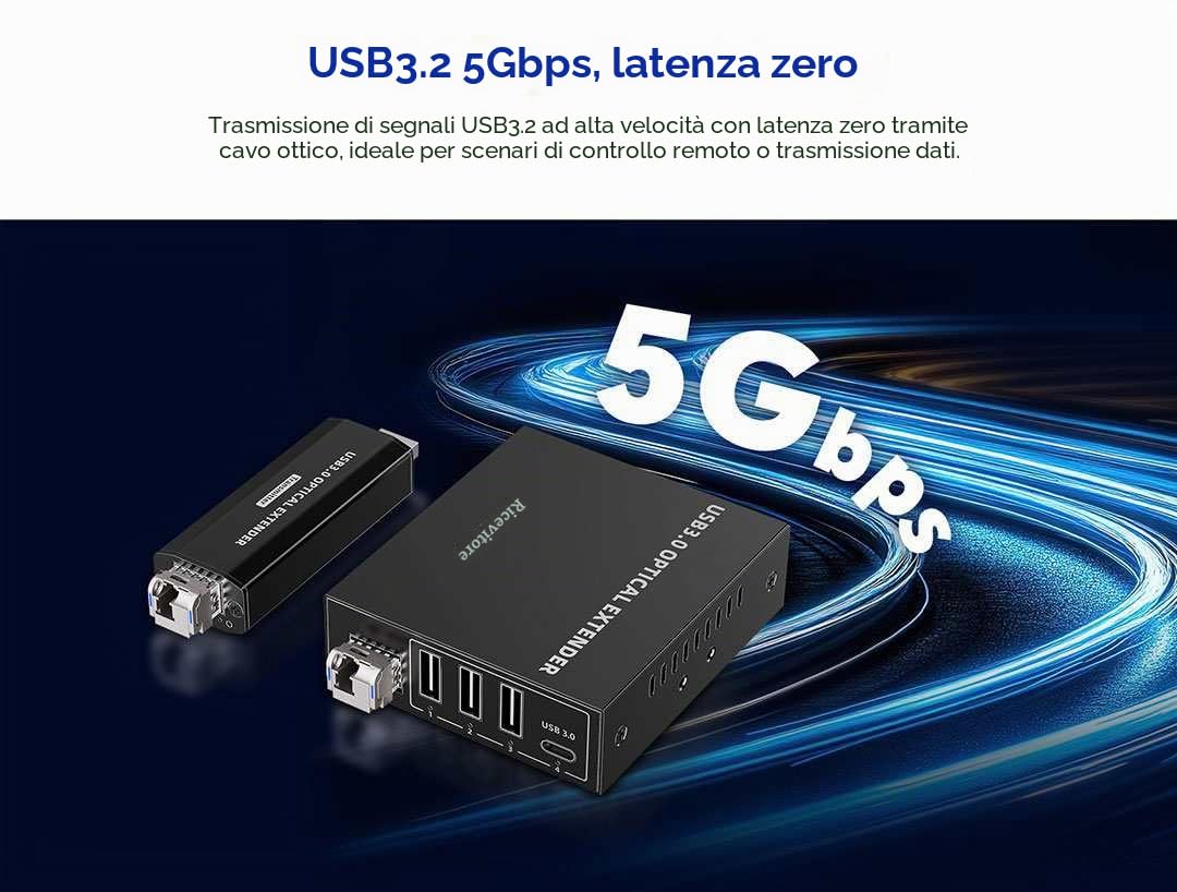 PremiumCord Extender Ottico USB a 4 Porte fino a 300 m, USB 3.2 SuperSpeed ​​5 Gbit/s, Extender in Fibra Multimodale, Alloggiamento In Metallo, Nero