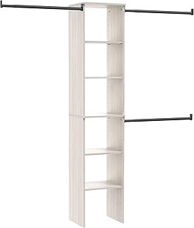 ClosetMaid SuiteSymphony Wood Closet Organizer Kit with Tower, (3) Hang Rods, (5) Shelves (2-Adjustable), Fits Spaces 4-9 ft. Wide, White Timber