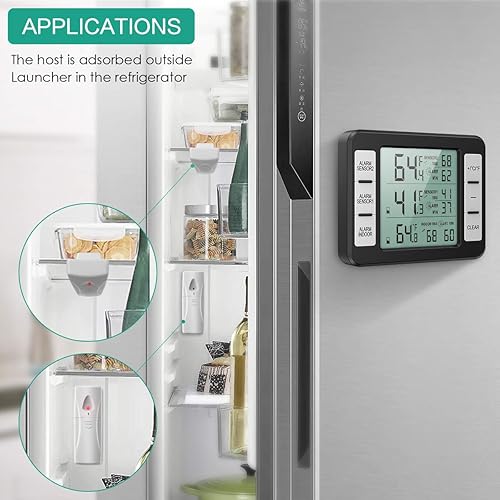 Miniatura 2 de ORIA termómetro de refrigerador, inalámbrico, digital, termómetro para congelador con 2sensores inalámbricos, alarma audible, registro mínimo y