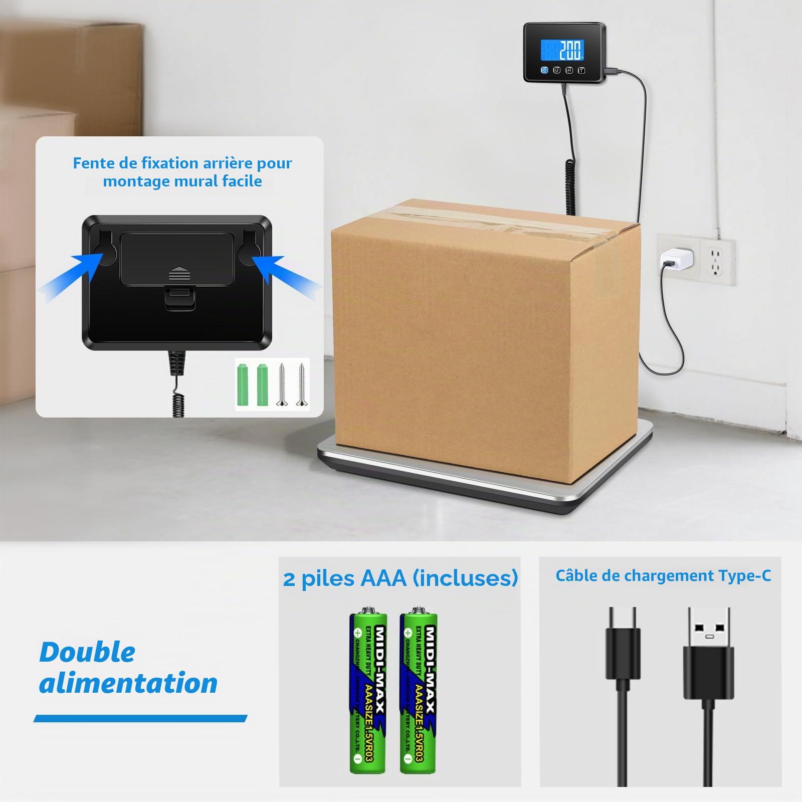 Balance Colis Numérique Haute Précision 200 kg/10 g avec Fonction Hold et Tare, Professionnelle pour Poste et Entreprises