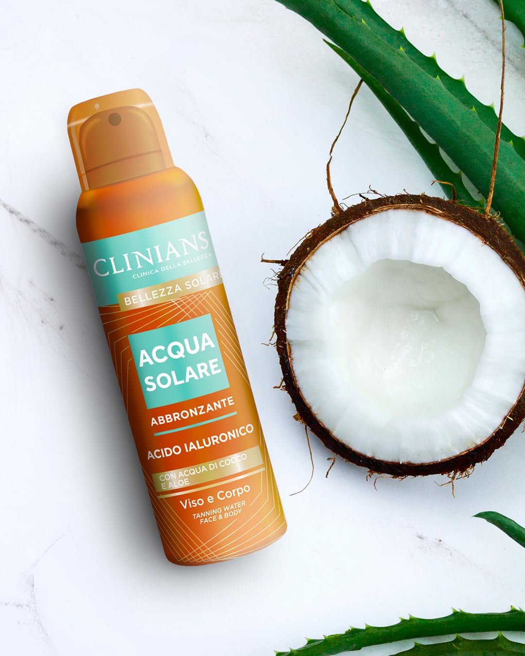 CLINIANS | Acqua Solare Abbronzante Viso & Corpo, con Acido Ialuronico, Acqua di Cocco e Aloe, 150mL