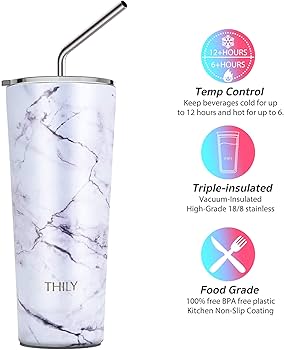 THILY Stainless Steel Vacuum Insulated Tumbler Travel Mug 26 oz Coffee Cup  with 2 Lids and Straws, Splash Proof, Keep Ice Drinks Cold, White Marble