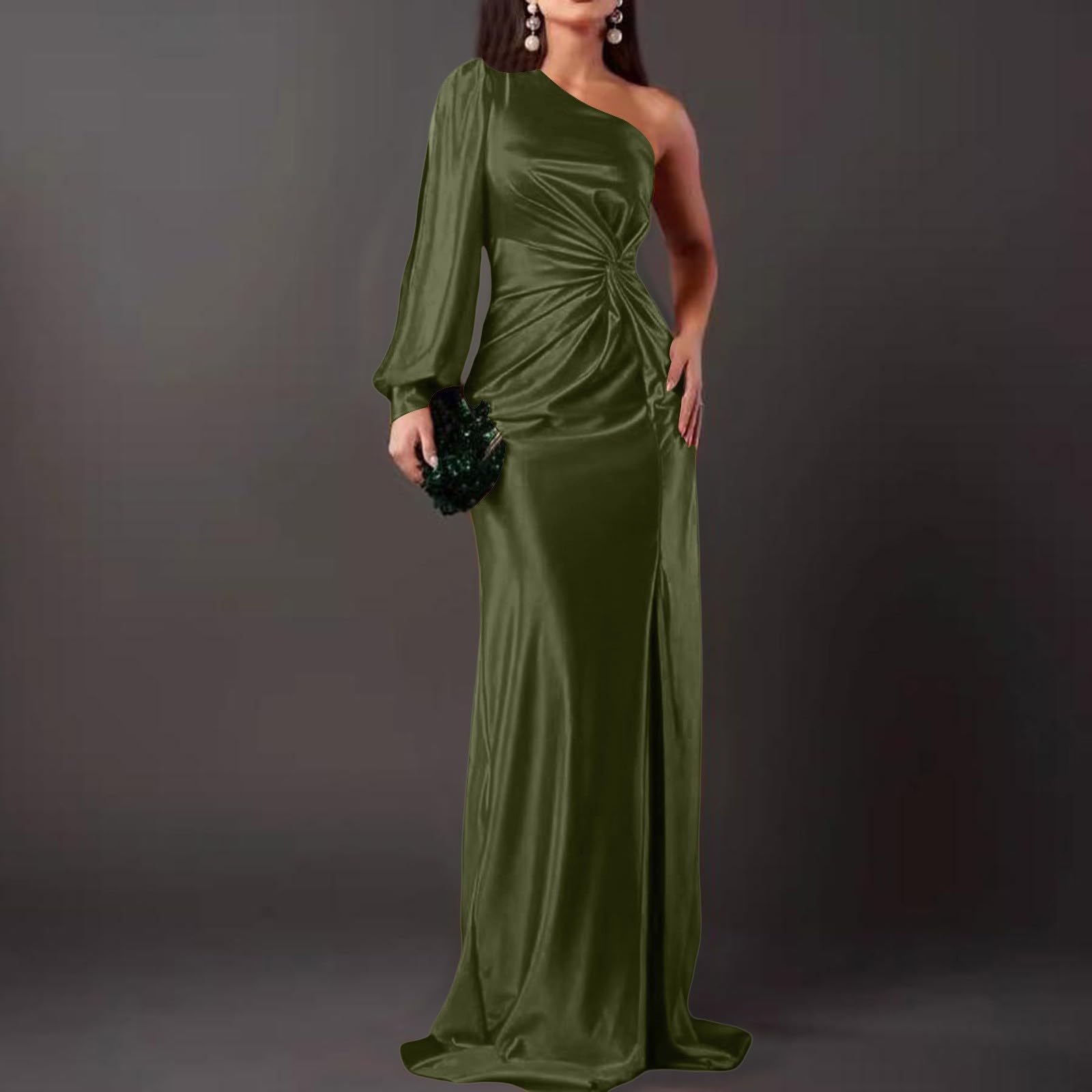 Tunique rouge à une épaule en satin robe de bal à manches longues robes formelles avec fente plissée une ligne soirée robes festives pour femme mariage