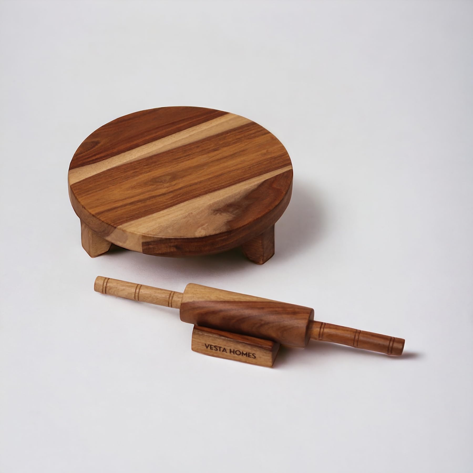 Vesta Homes Wooden Chakla Belan Set for Kitchen | Premium Solid Wood Roti Rolling Board and Pin with Stand | 10 * 10 * 3, 13 * 1.75 Inches | No Chemical Polish | Handcrafted in India