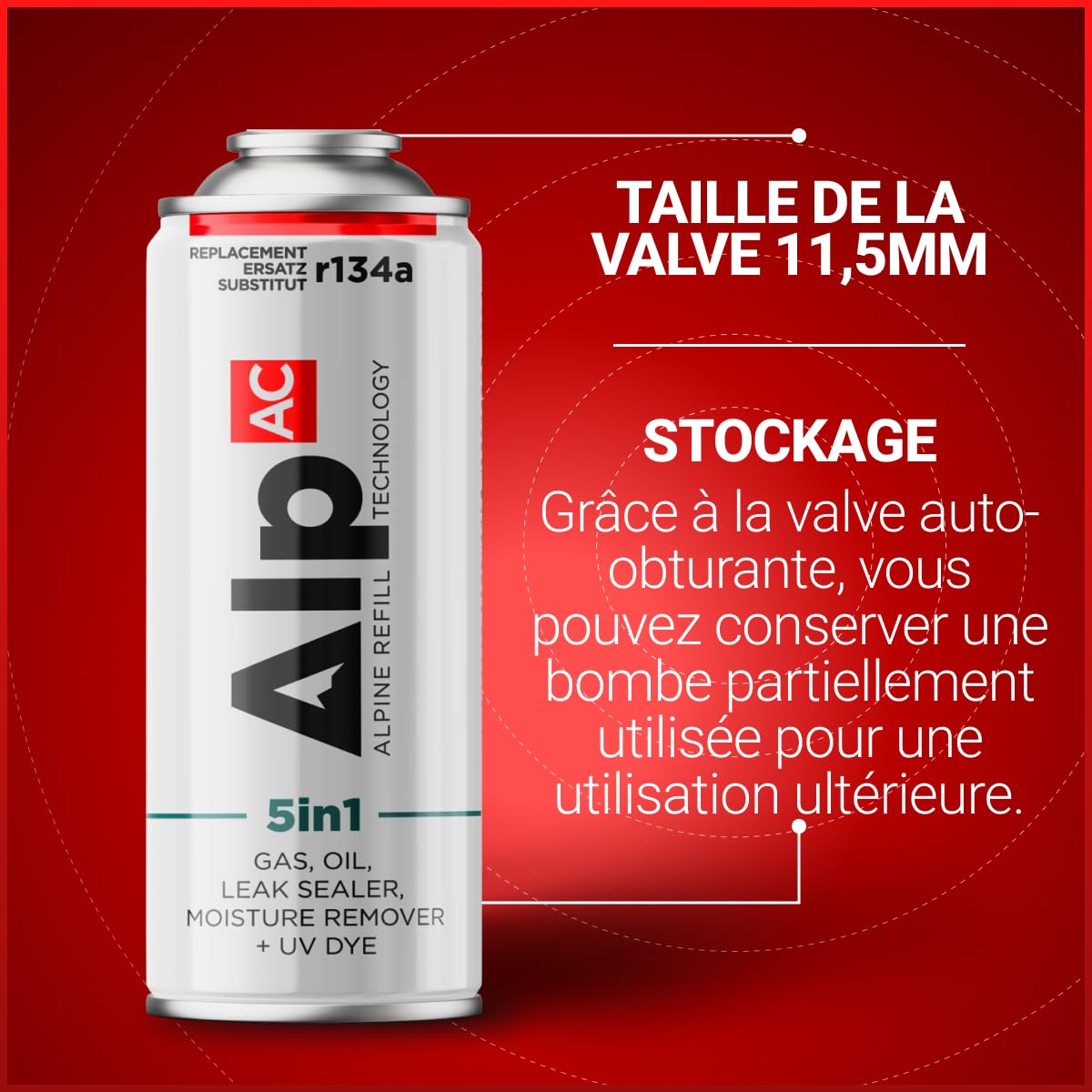 AlpAC 5-en-1 Recharge Climatisation Voiture R134a – Gaz Substitut avec Lubrifiant Compresseur, Anti-Fuite et Traceur UV – Kit Complet Entretien Clim Auto – Solution Économique DIY