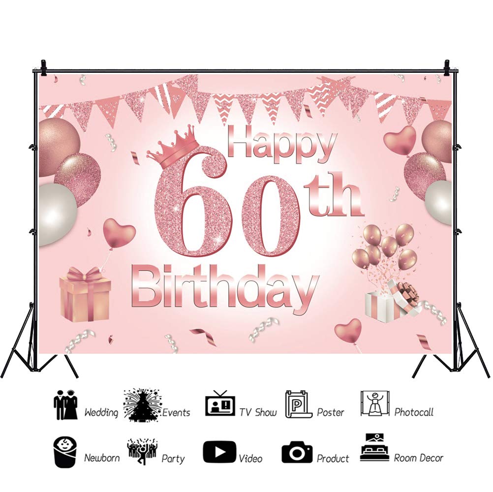 Sfondo Banner 60° Compleanno PAKBOOM – Rosa Oro 1,2x1,8 M, Tessuto Poliestere Con Fori Per Appendere