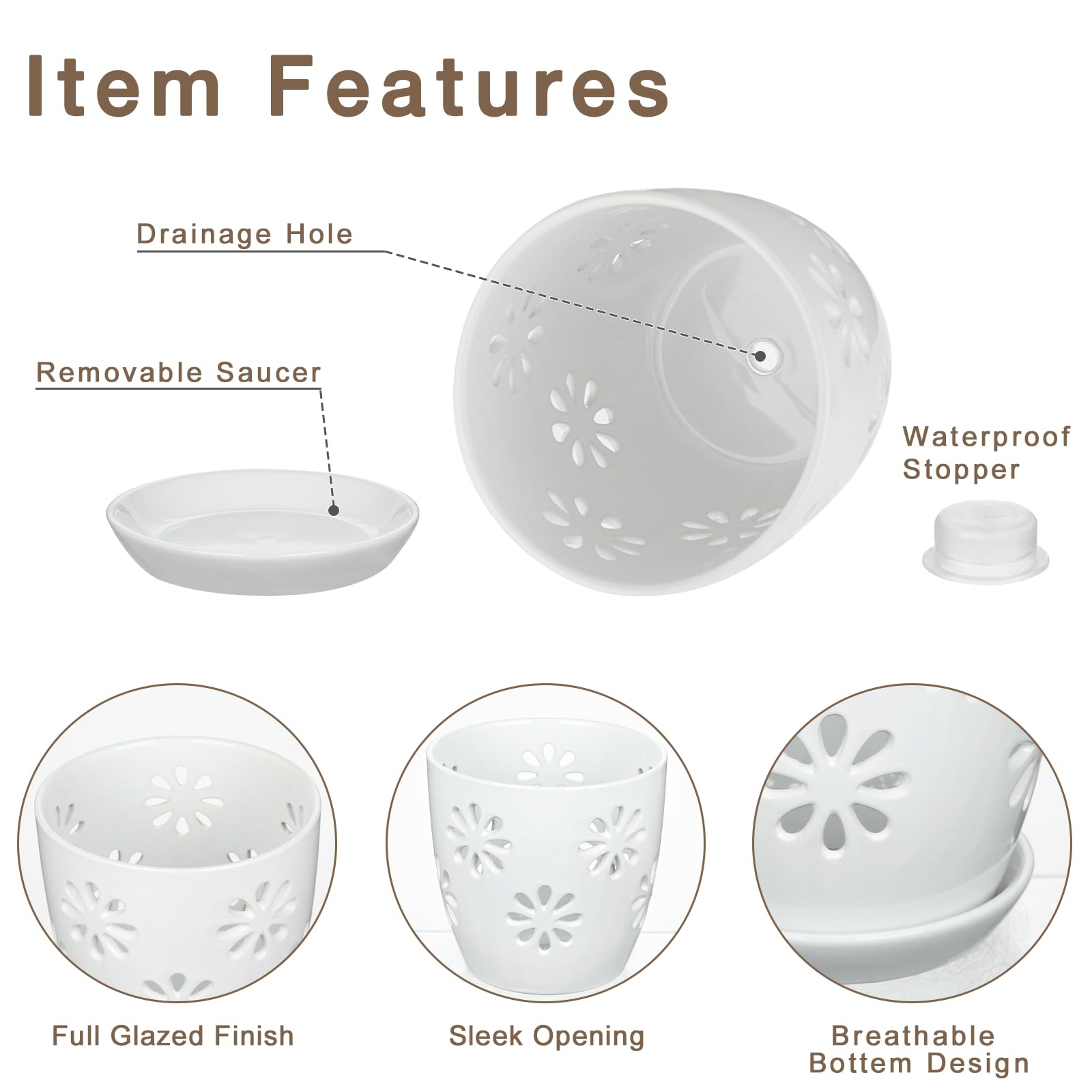 Oairse Pot de fleurs creux en céramique de 15 cm de diamètre avec trou de drainage et soucoupe - Pot en céramique pour plantes d'intérieur - Décoration rétro pour jardinières en plein air