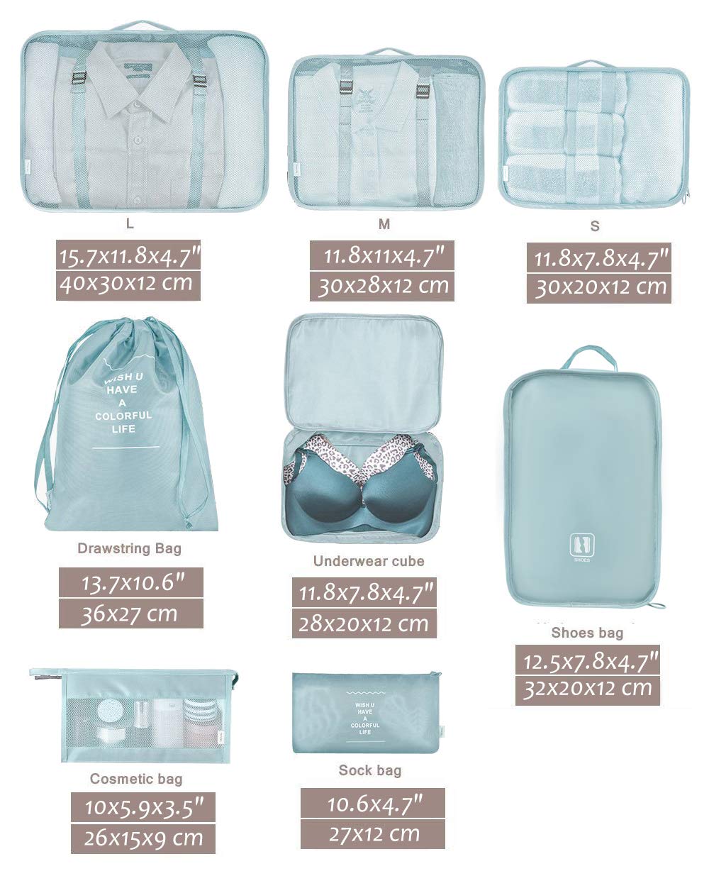 Belsmi Set Da Viaggio 8 Cubi Imballaggio Impermeabili – Organizer Compressione Con Borsa Scarpe E Trousse (Stile B, Nero)