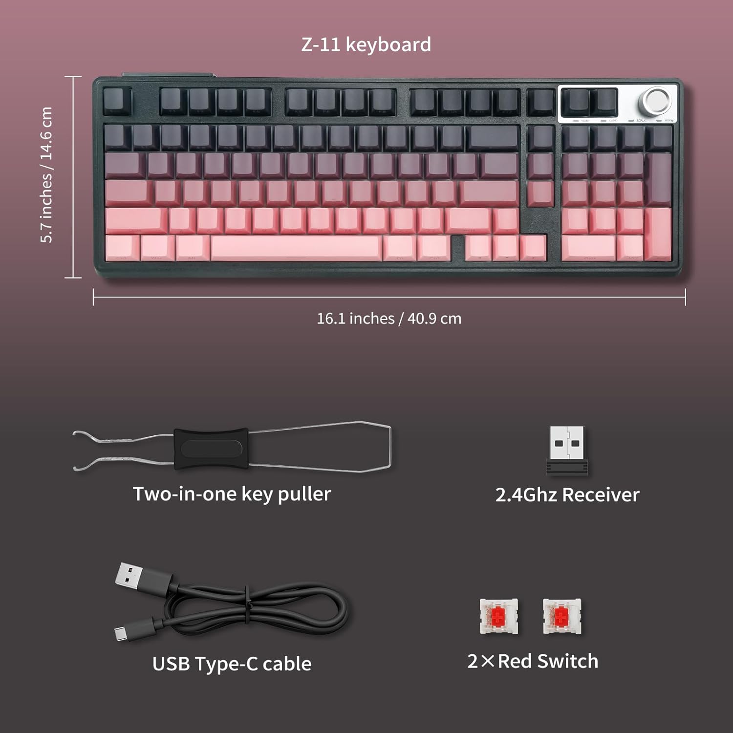 Included components: Z-11 keyboard, USB Type-C cable, 2.4GHz receiver, 2 replacement red switches, and a two-in-one key puller.