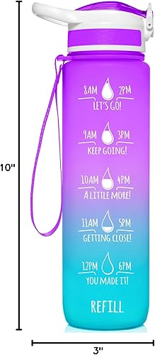 Miniatura 4 de NatureWorks HydroMATE - Botella de agua de 32 onzas con marcas de tiempo por hora, sin BPA, reutilizable, a prueba de fugas, con popote y funda de