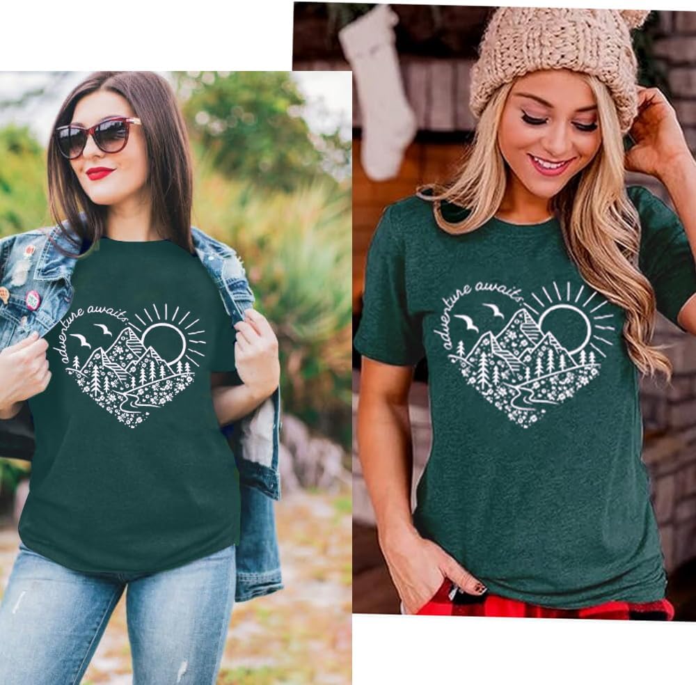 Adventure Awaits T-Shirt Women Outdoor Graphic Tee Shirt Nature Hiking Camping Tee Shirts Travel Shirt - Image 2
