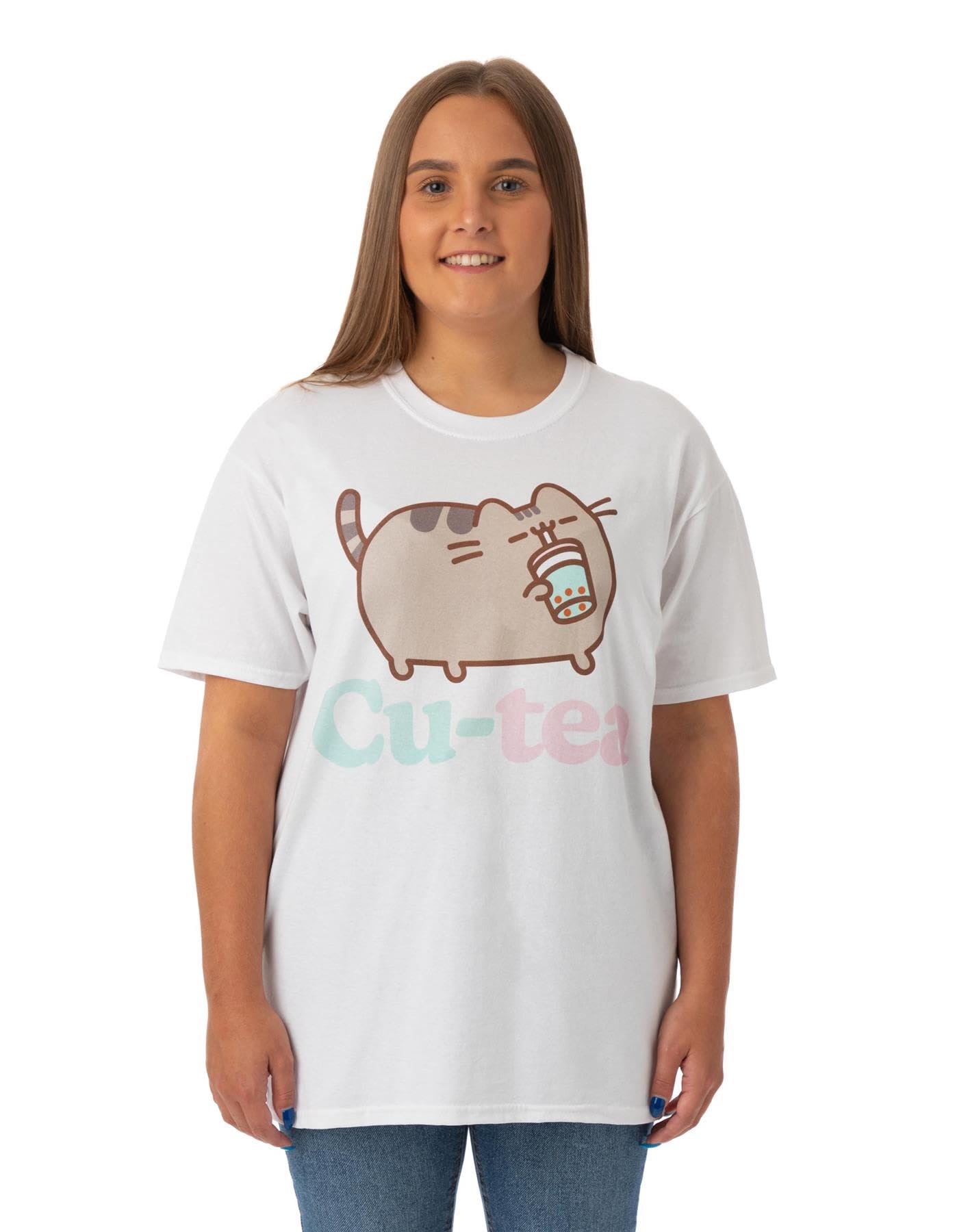 Pusheen The Cat Women's White Pusheen T-Shirt | Cu-Tea Cat Graphic Tee For | Short Sleeve Adorable Internet Cat Crew Neck Top | Comfortable & Stylish Cute Daywear | Merchandise Gift For Adults