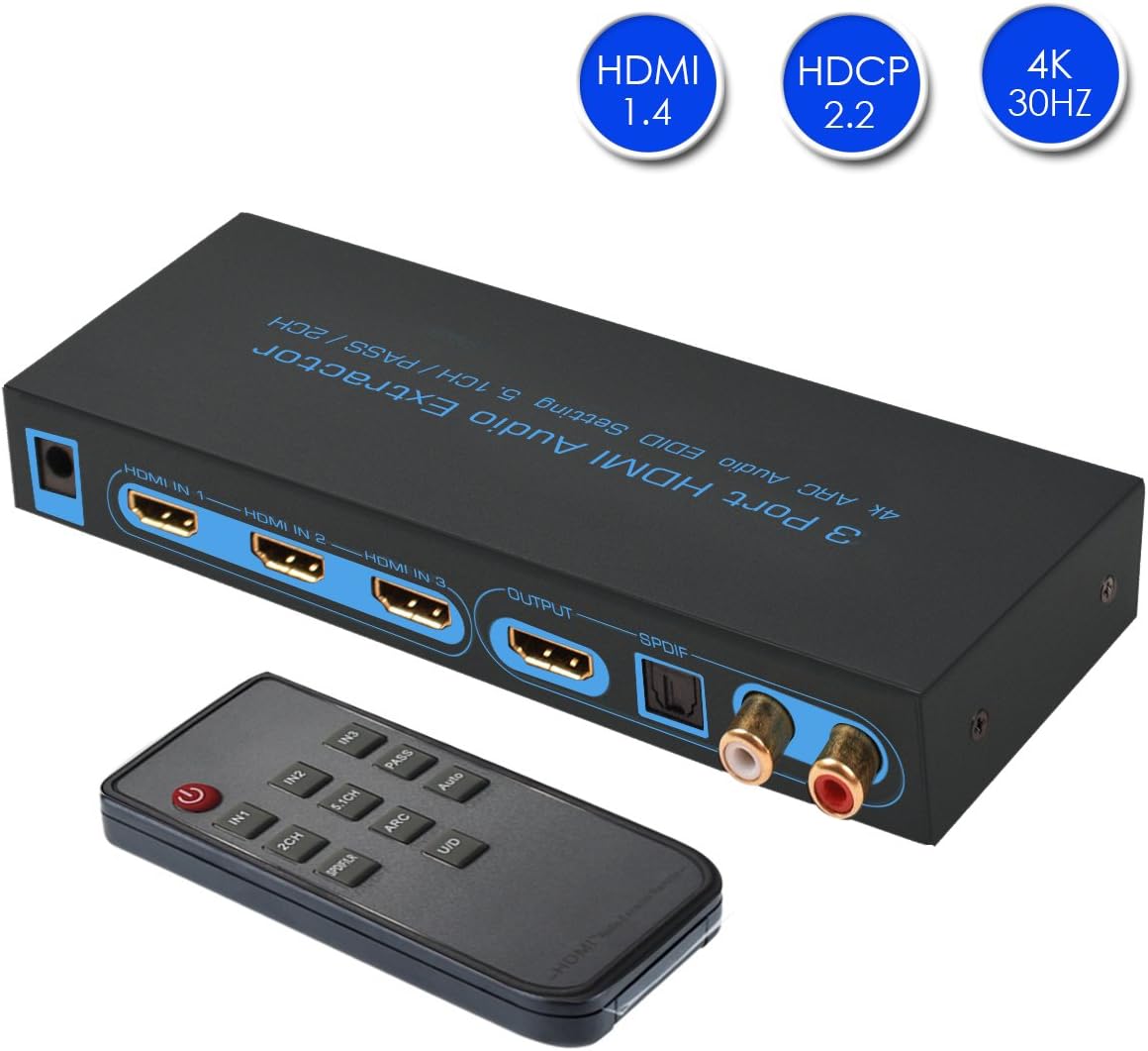 4K@30Hz HDMI Switch 3x1 with Optical SPDIF & RCA L/R Audio Out, FiveHome 3 in 1 Out HDMI Audio Extractor Splitter with Remote, Supports ARC, 4Kx2K, Ultra HD