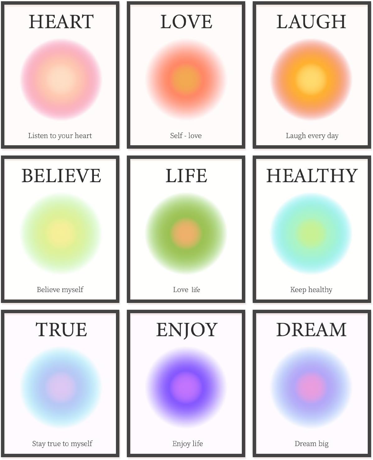 ORIGACH Positive Aura Posters, Mind Body Soul Spirit Journey Print Set of 9, Colorful Aura Poster Set, Grainy Gradient Canvas Wall Art for Room Aesthetic, Unframed 8x10in