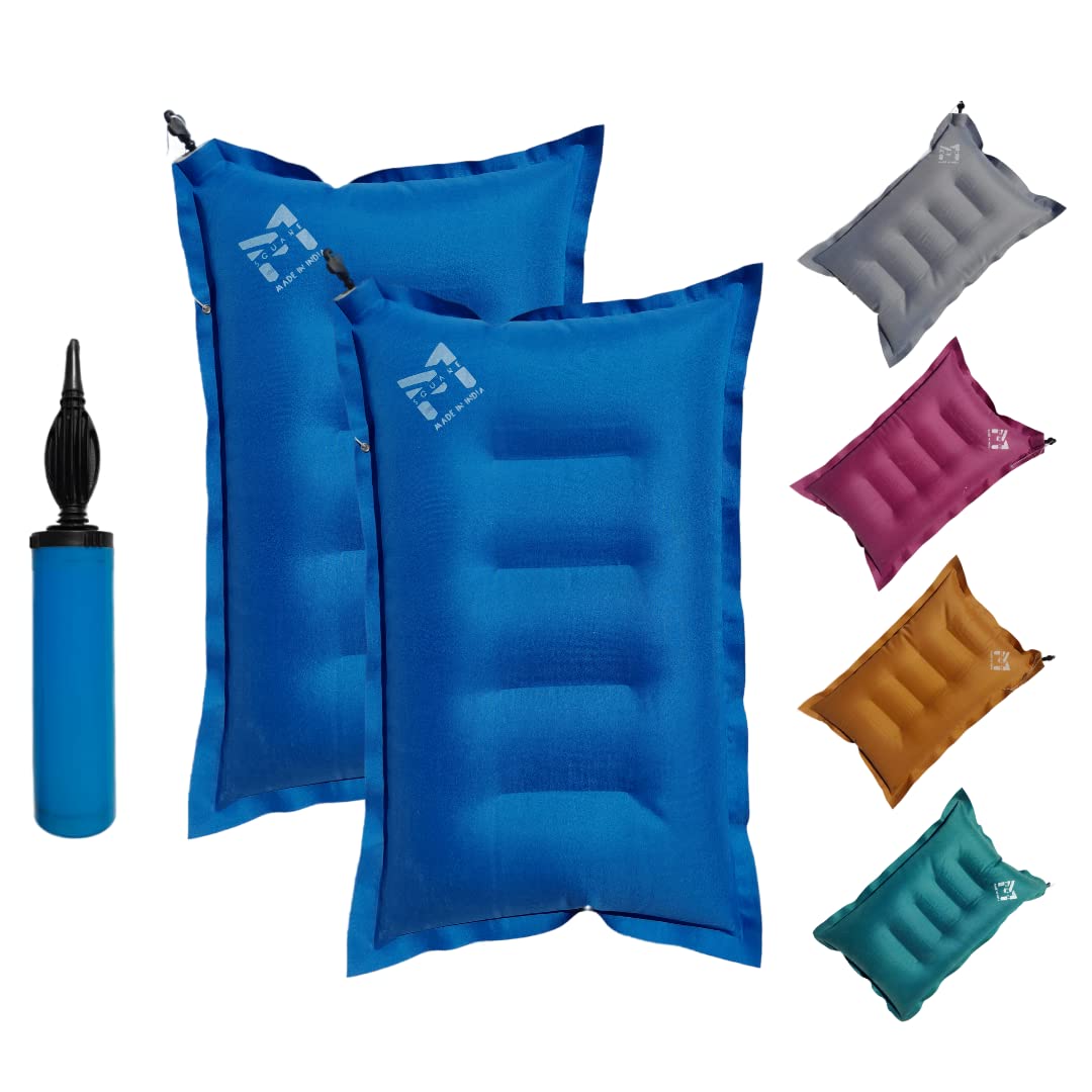 PM SQUARE Cotton Blend Inflatable Soft Portable Air Travel Pillow Pack of 2 With An Air Pump And Headrest Accessory, Multicolor