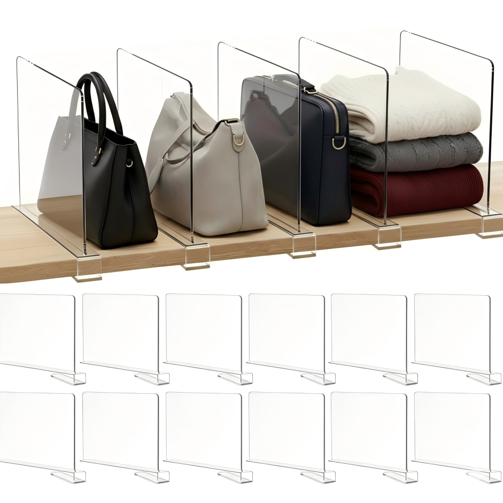 Pack of 12 Transparent Acrylic Shelf Dividers, Multifunctional Shelf Dividers