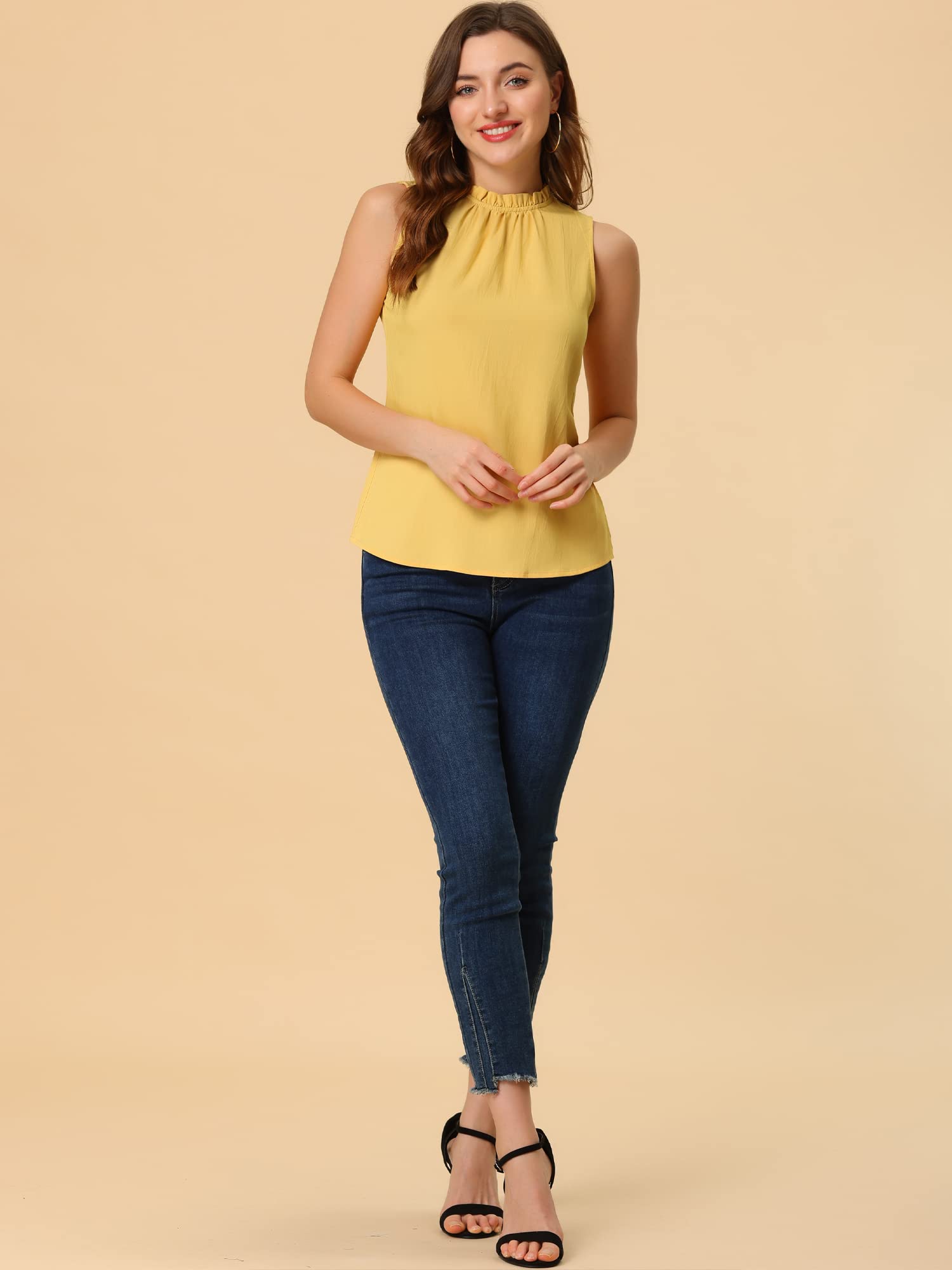 Allegra K Damen Jeansbluse mit Rüschen Stehkragen Ärmellos