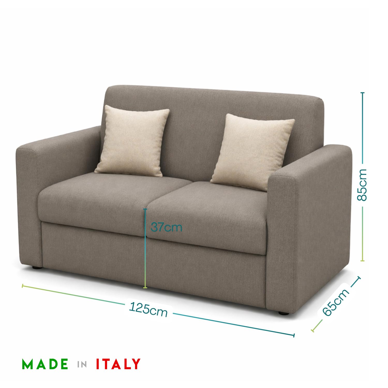 PALUPLUS Divano a 2 Posti in Tessuto, Misura 125x65x85 cm, Struttura in Legno MDF, Piedini in Plastica, Divanetto per Casa, Ufficio, In Omaggio 2 Cuscini a Contrasto, Made in Italy -32M (Tortora)