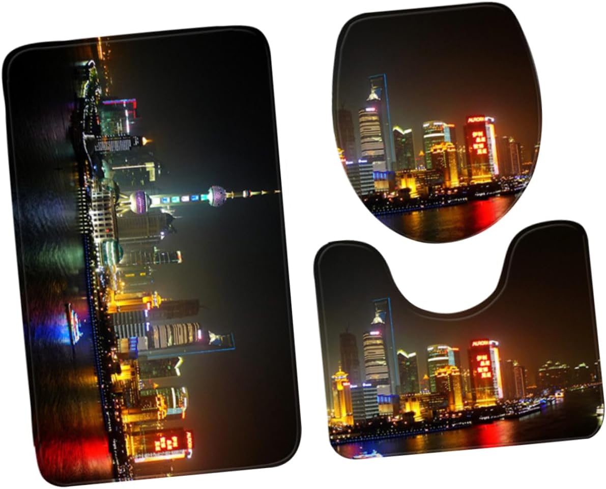 1set Closetool Lid Cover Toilet Floor Mats Night Scene Design Absorbent Material