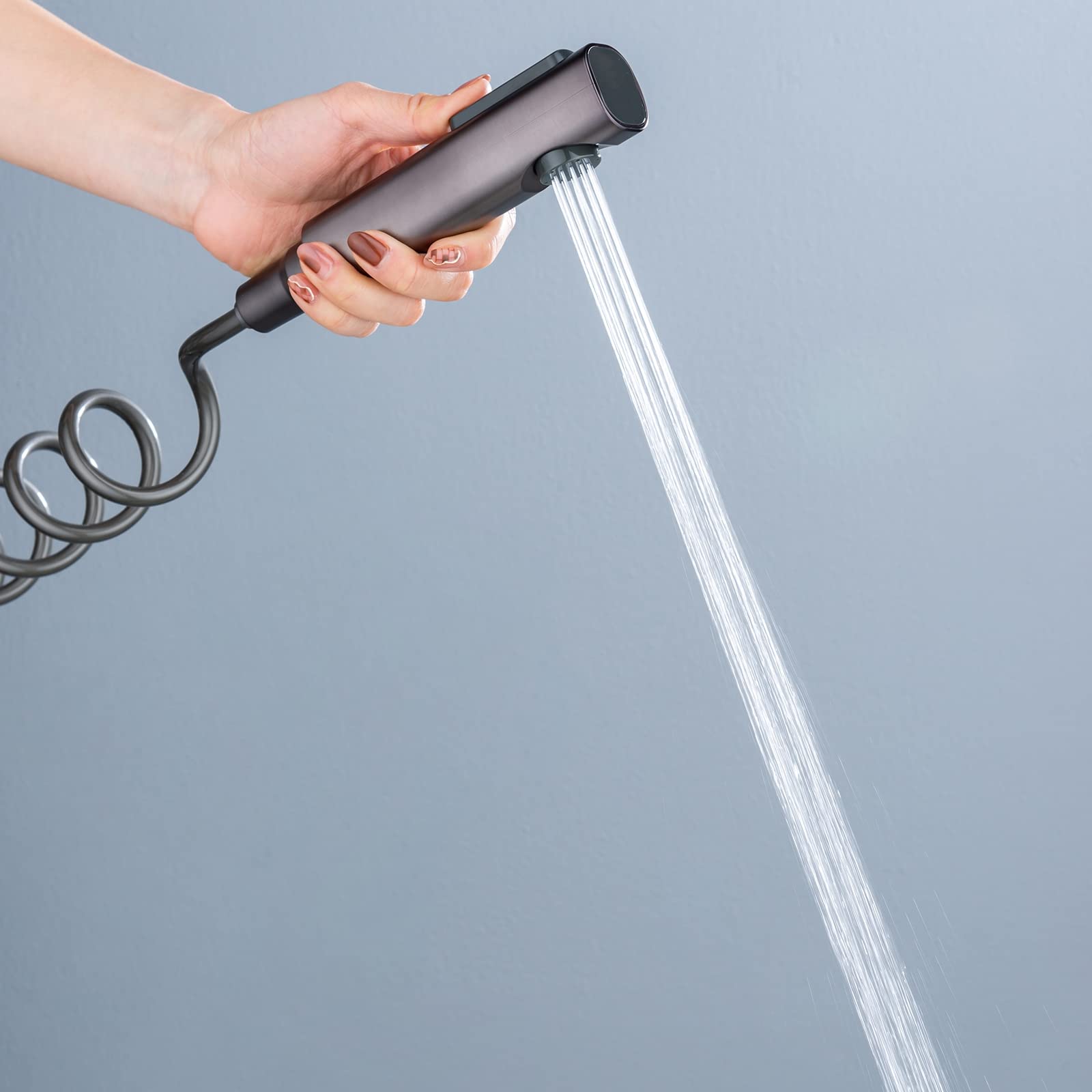 Sistema Doccia a Pioggia con soffione, Set Rubinetto a Parete, Miscelatore in Ottone, beccuccio per Vasca, doccetta a 3 modalità, spruzzatore per Bidet, Grigio (Nero)