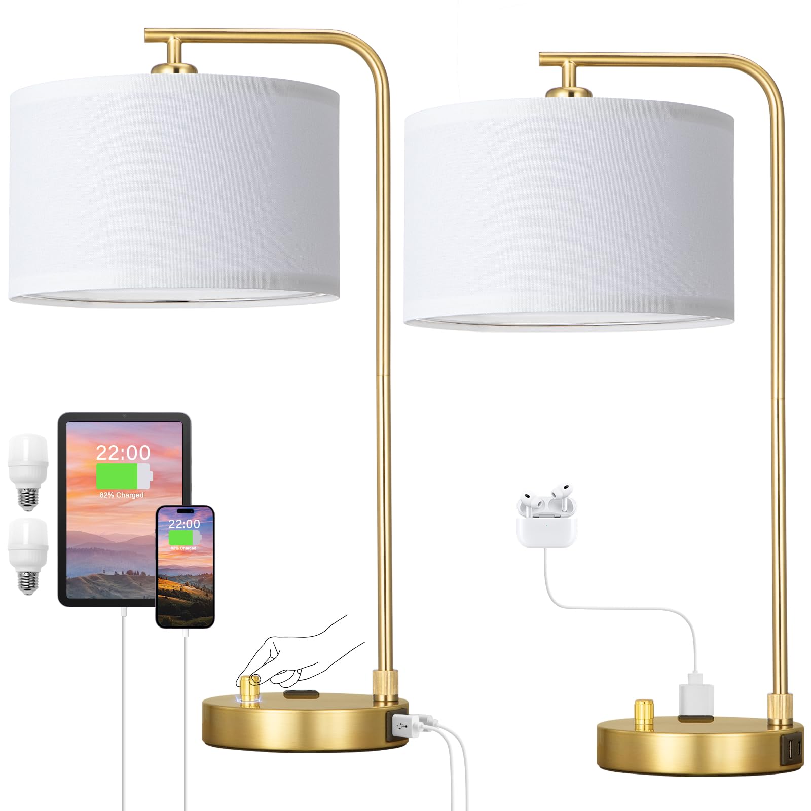 Innqoo Nachttischlampen für Schlafzimmer, 2er-Set, dimmbar, Nachttischlampen mit USB-Anschluss und Steckdose, moderne Goldlampen mit Leinen-Schirm, hohe Schreibtischlampen für Zuhause, Büro