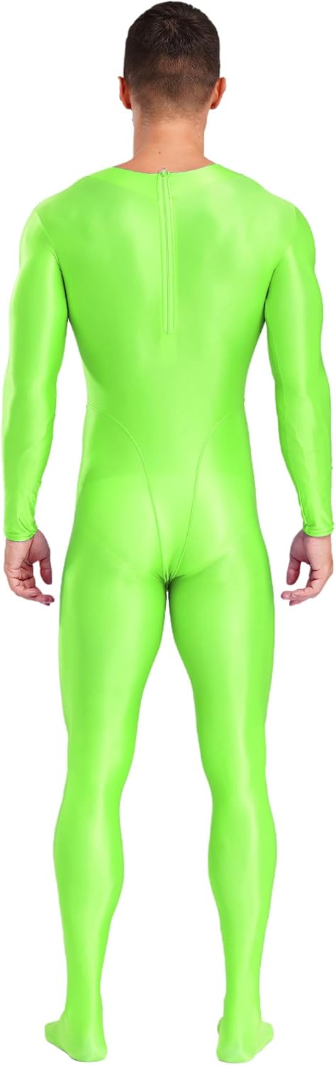 Vxuxlje Men's Glossy Sheer Full Body Bodysuit Solid Color Mock Neck Long Sleeve Leotard Unitard
