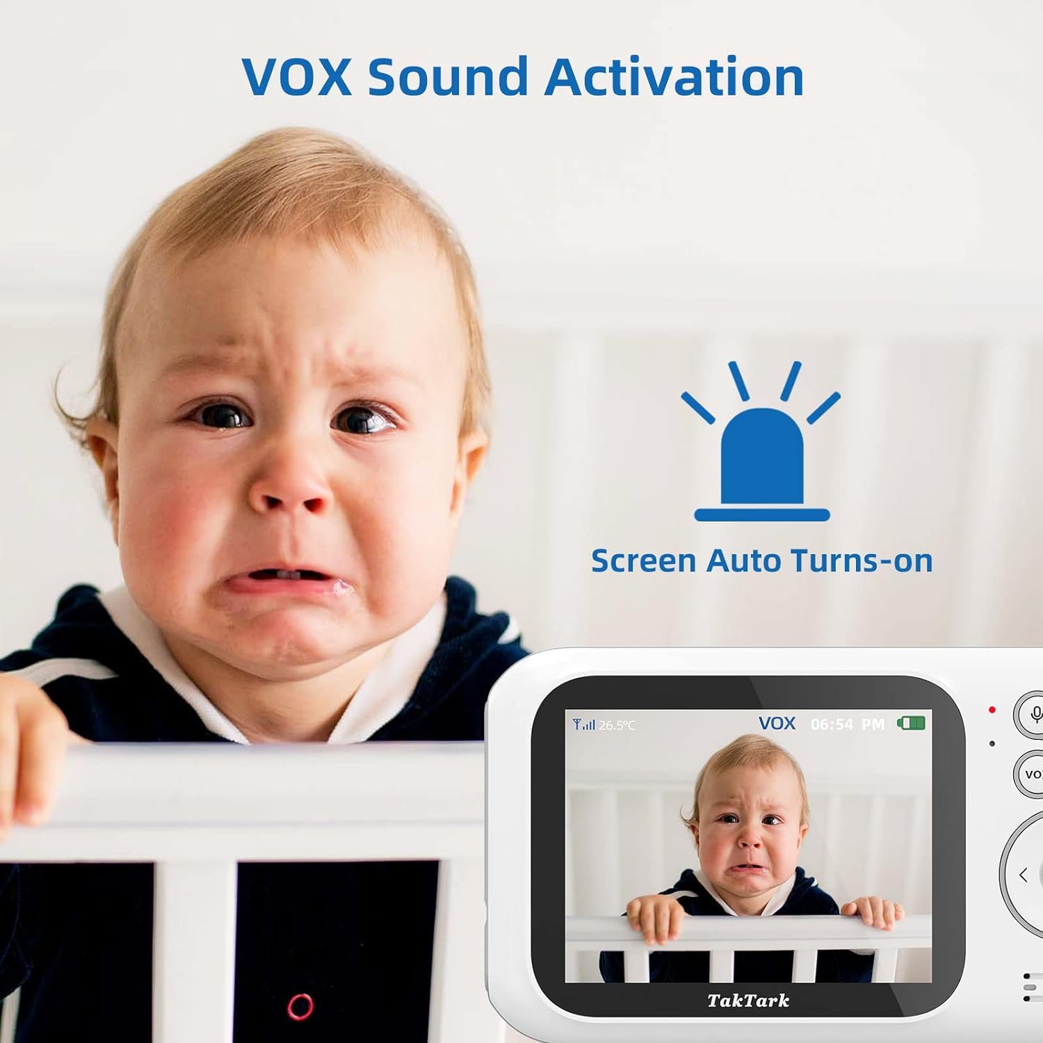 TakTark Baby Monitor Video e Audio, 3.2'' IPS 750mAh Telecamera Bambini con Monitor Video Baby Monitor Videocamera VOX, Visione notturna, Comunicazione Bidirezionale Sensore di temperatura