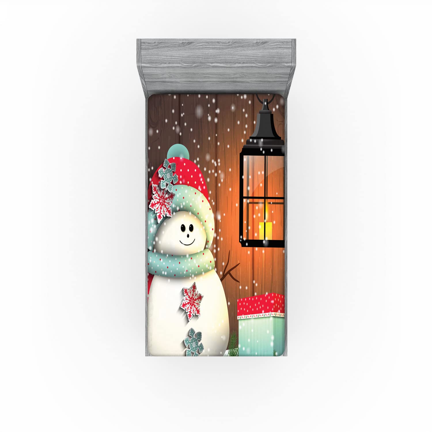 Ambesonne Christmas 2 Pack Fitted Sheet, Garden with Gift Box, Bed Cover All-Round Elastic Deep Pockets 2 Pieces, Package Contains 2 Twin Size Fitted Sheets, White Brown