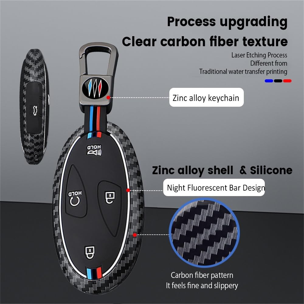 KUNIO Luminous Effect Zinc Alloy Car Key Fob Cover Case Fit for Hyundai Ioniq 5 6 Sonata Sante Fe 2024 2025 Carbon Fiber Pattern Key Fob Shell Accessories 5 Button Red Blue-Lanyard Keychain