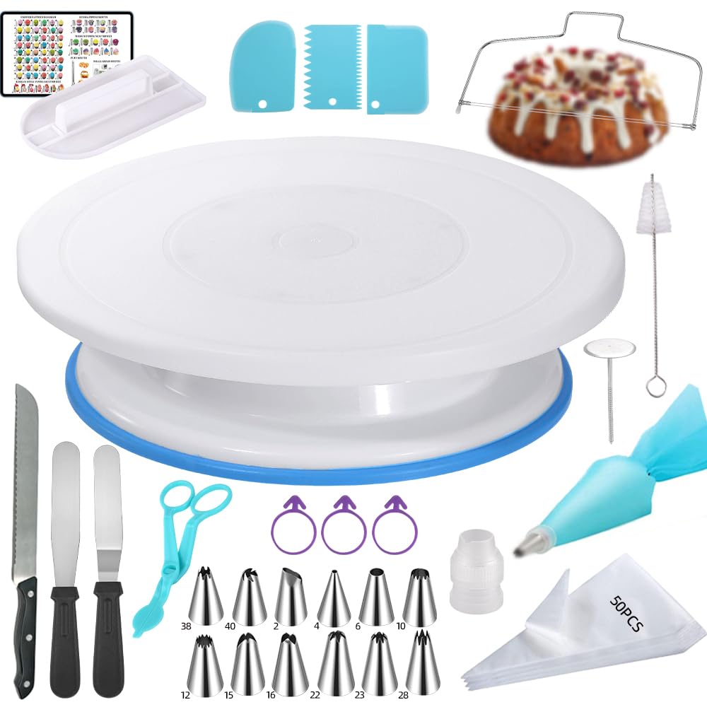Kit de decoración de pasteles de 79 piezas, juego de herramientas para tartas para principiantes con tocadiscos, nivelador, levantador de uñas de flores, 12 puntas de tubería, 51 bolsas