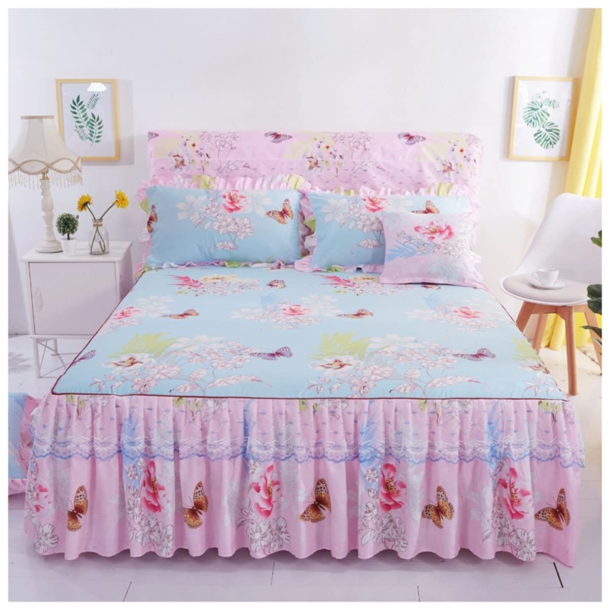 Falda de cama Queen 180x220cm con volantes juego de sábanas y fundas de almohada de 3 piezas