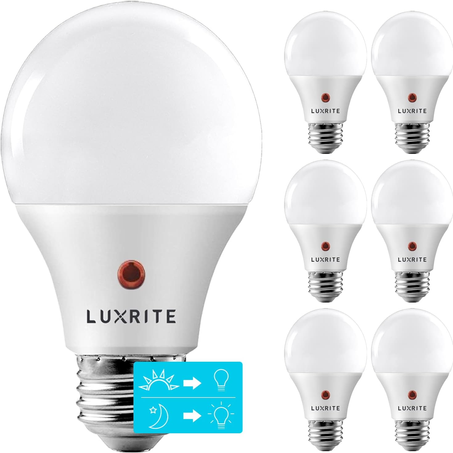 LUXRITE A19 LED Dusk to Dawn Light Bulbs Outdoor Lighting, 60 Watt Equivalent, Enclosed Fixture Rated, Automatic On Off Sensor, 3000K Soft White, 800 Lumens, Damp Rated, E26 Base (6 Pack)