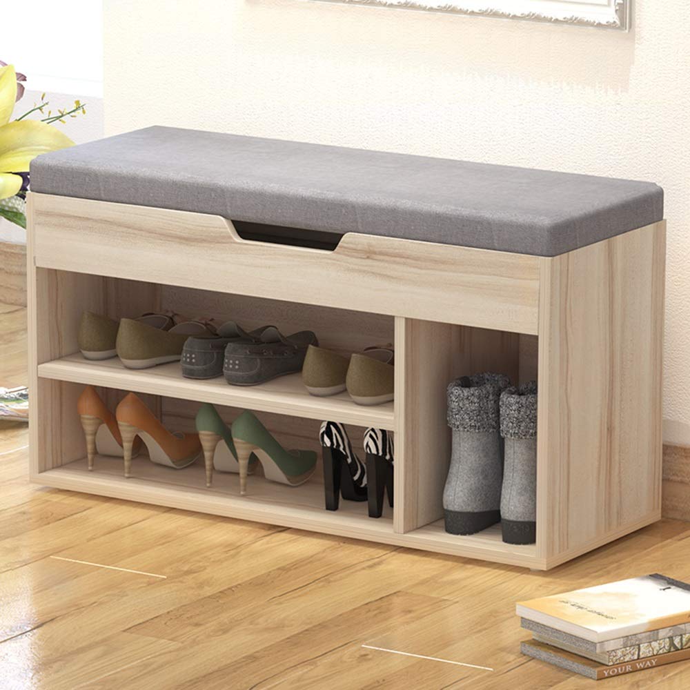 Zapatero con cojín de Tela, multifunción, Marco de Madera Maciza, Taburete para Cambiar Zapatos, Entrada, Pasillo, 60/80 cm (tamaño: 60 x 30 x 43 cm)