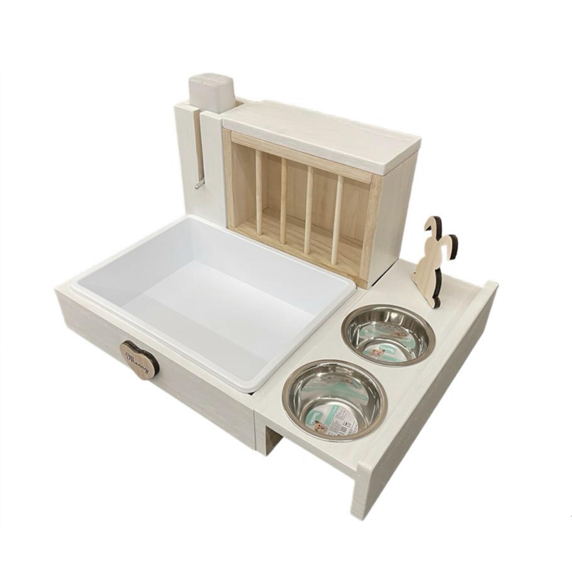 Stazione di alimentazione per conigli con lettiera toilette igenica, mangiatoia fieno, borraccia acqua e porta ciotole (C5 Bianco Satinato)