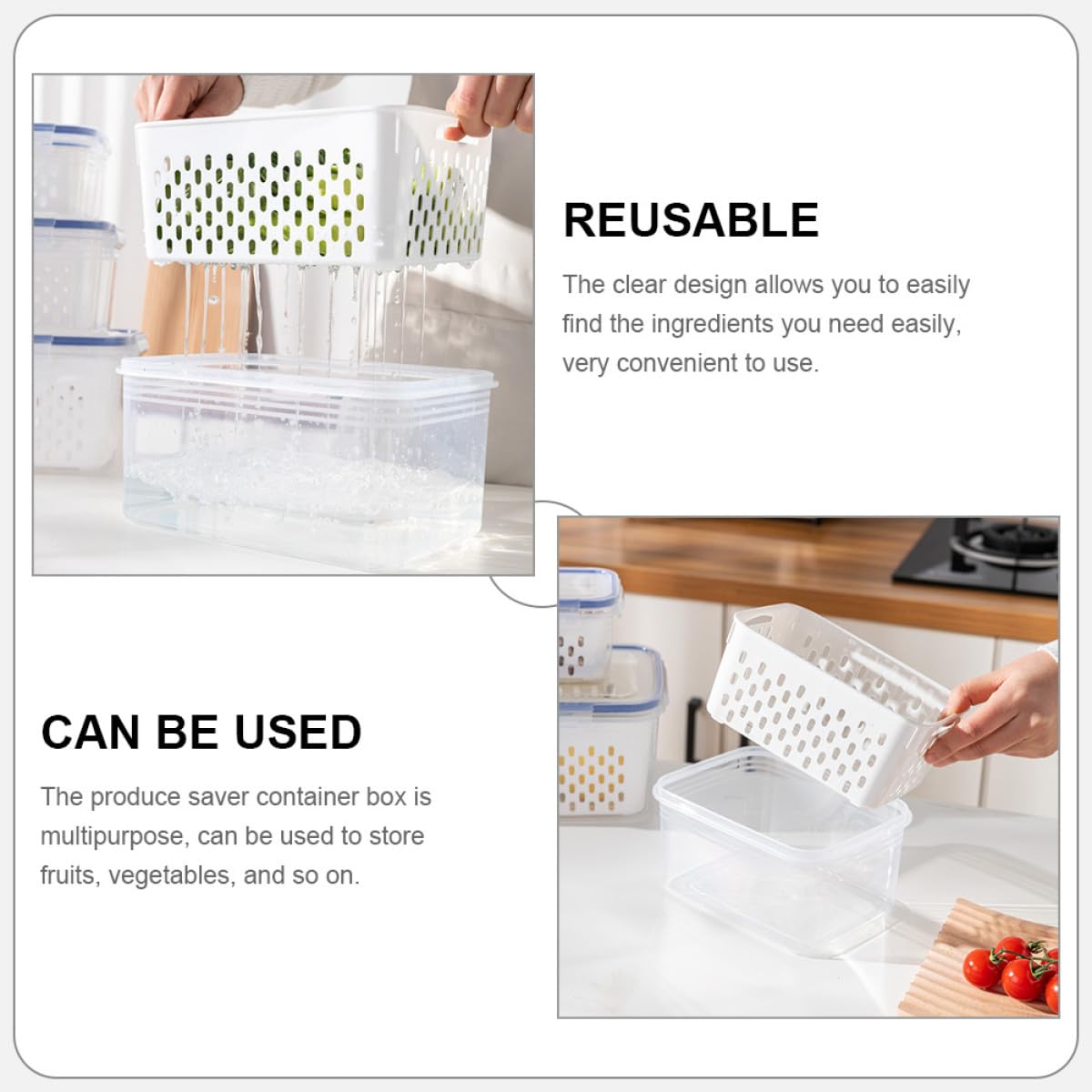 SHINEOFI Contenedores de Alimentos Rectangulares 3 Piezas Transparentes con Tapa y Cesta Escurridora Desmontable para Refrigerador, Cajas Herméticas para Frutas y Verduras, Almacenamiento