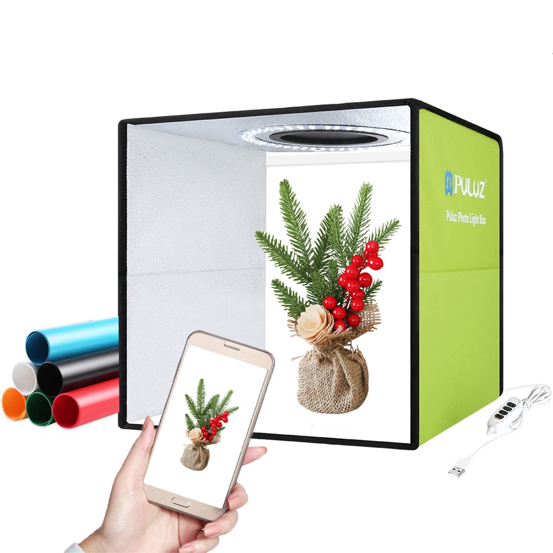 PULUZ Mini Photo Studio Box 30cm Portable Boite a Lumiere Photo Studio pour Tente Photo Photographie Produit avec 112 Perles LED et 6 Couleurs PVC Fonds de Photos