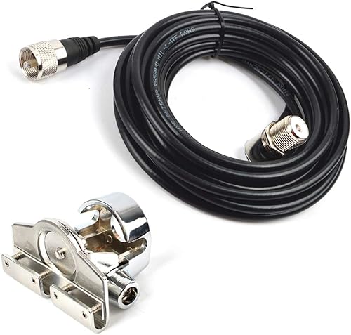 TWAYRDIO - Clip de acero inoxidable para coche con conector SO239 a PL-259, cable coaxial RG-58 de 16.4ft, soporte de montaje para antena de coche