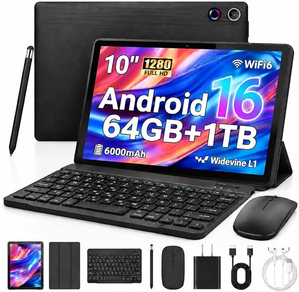 Tablet Android 16 2 en 1 con funda para teclado y ratón, 24 GB de RAM 64 GB ROM 1 TB de gasto, pantalla HD IPS de 10 pulgadas Widevine L1, batería de 6000 mAh, desbloqueo facial de doble cámara